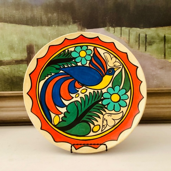 Mestizo Folk Art Tonala Mexican Hand painted Platter Florals Bird Ixtapa 1987 - Picture 13 of 14